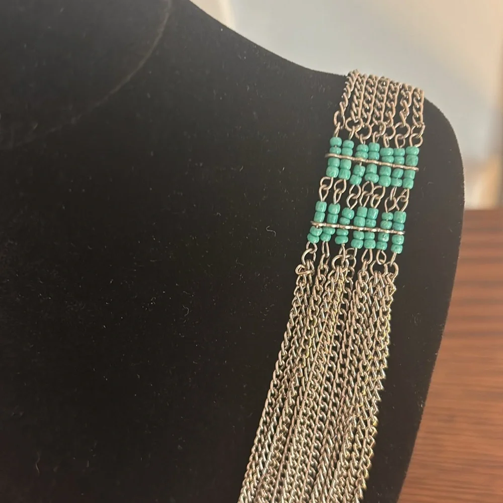 Multilayer Silver and Teal Necklace - Picture 2 of 3